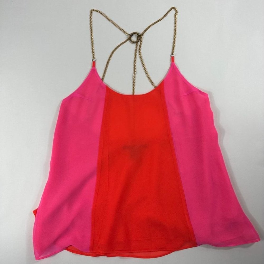 Victoria's Secret Womens Spaghetti Top XS Red Pink Color Block Gold Chain Strap